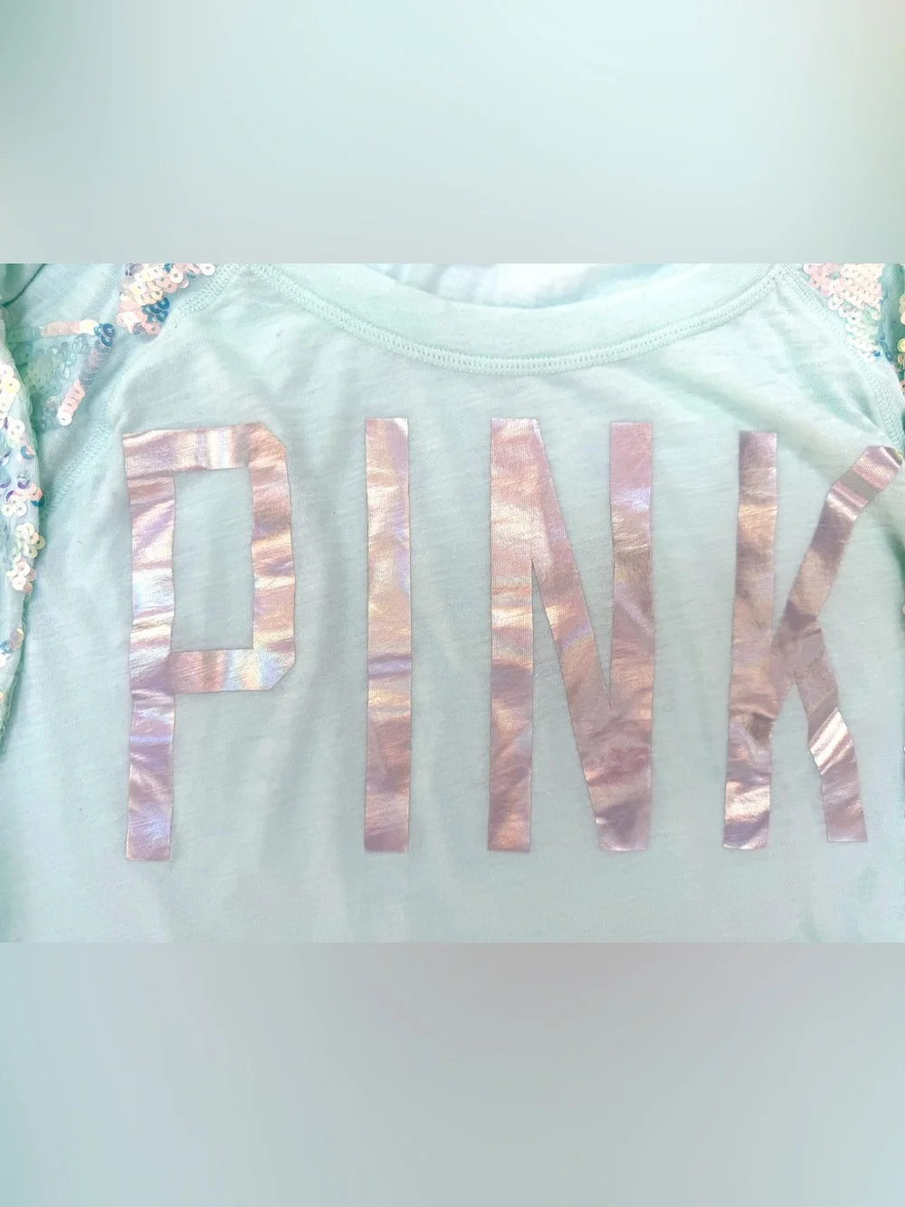 PINK Victoria's Secret Mint Sequin Long Sleeve Tee.